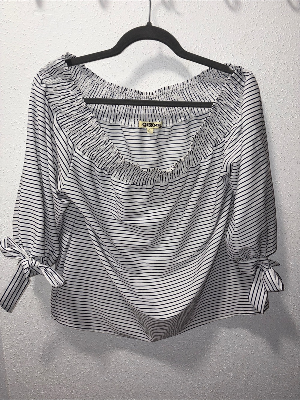 White and Blue Striped Off-Shoulder Tie-Sleeve Blouse